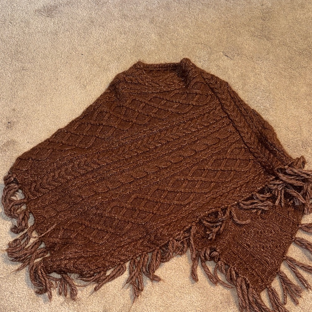 Aerie Brown Knit Poncho with Fringe